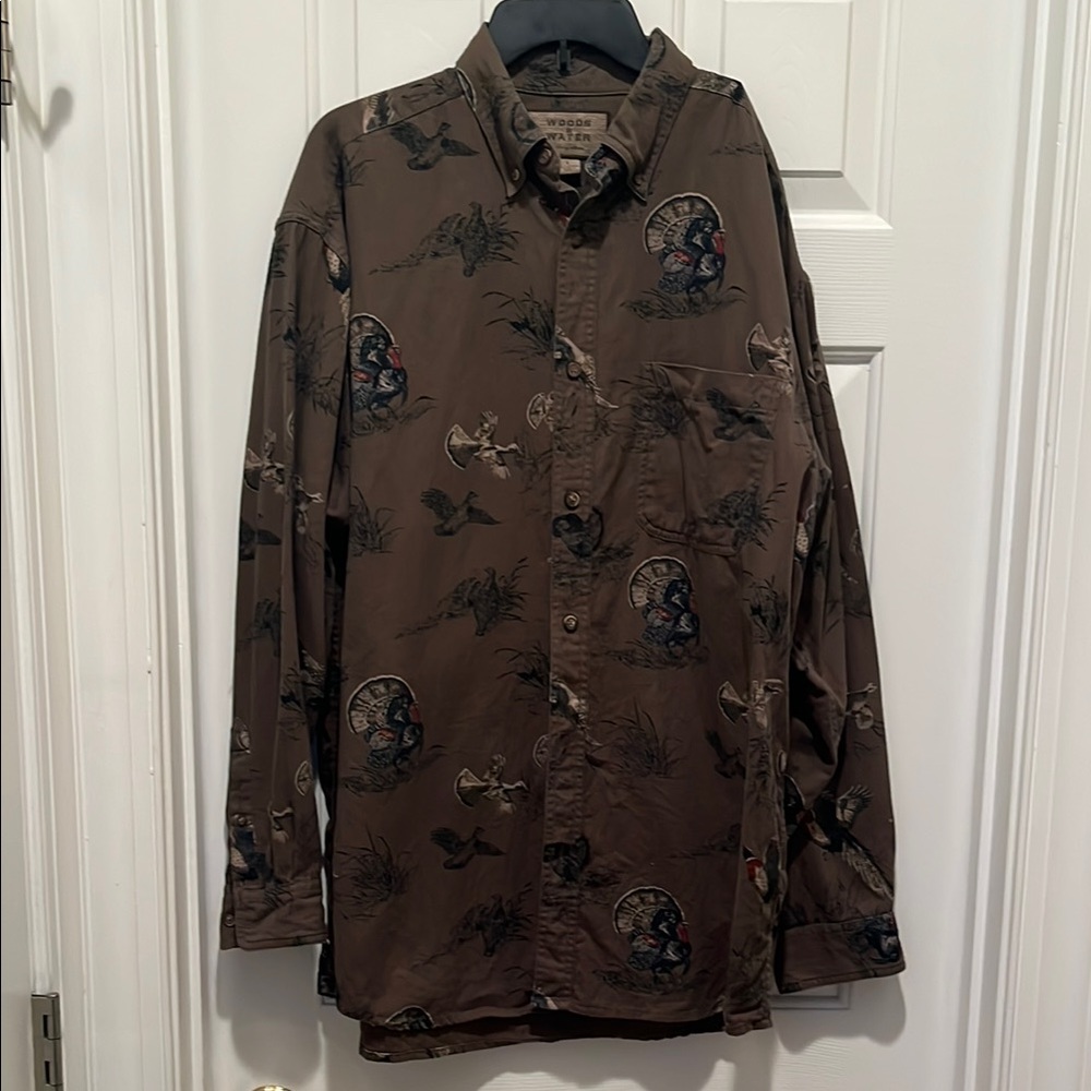 Brown Casual Button Down Shirt with turkey print . Perfect for Fall gatherings .